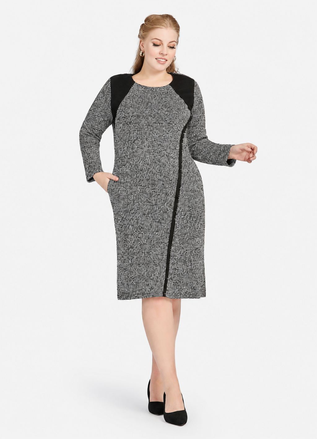 Women's Casual Colorblock Crew Neck Long Sleeve Knee Length Sweater Dress