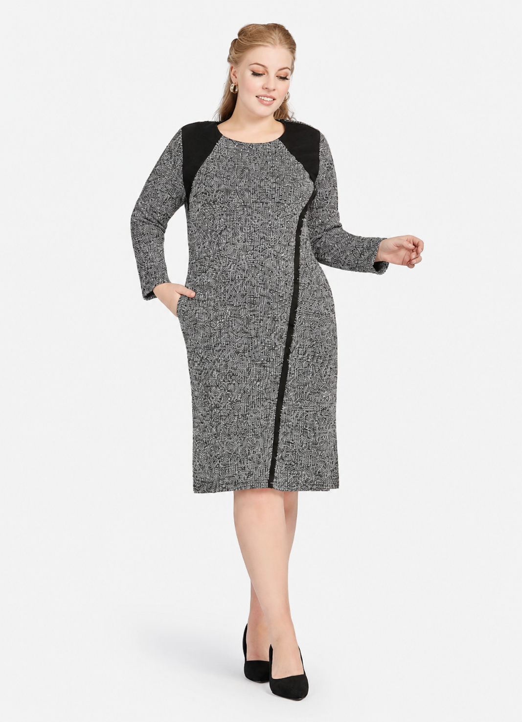 Women's Casual Colorblock Crew Neck Long Sleeve Knee Length Sweater Dress