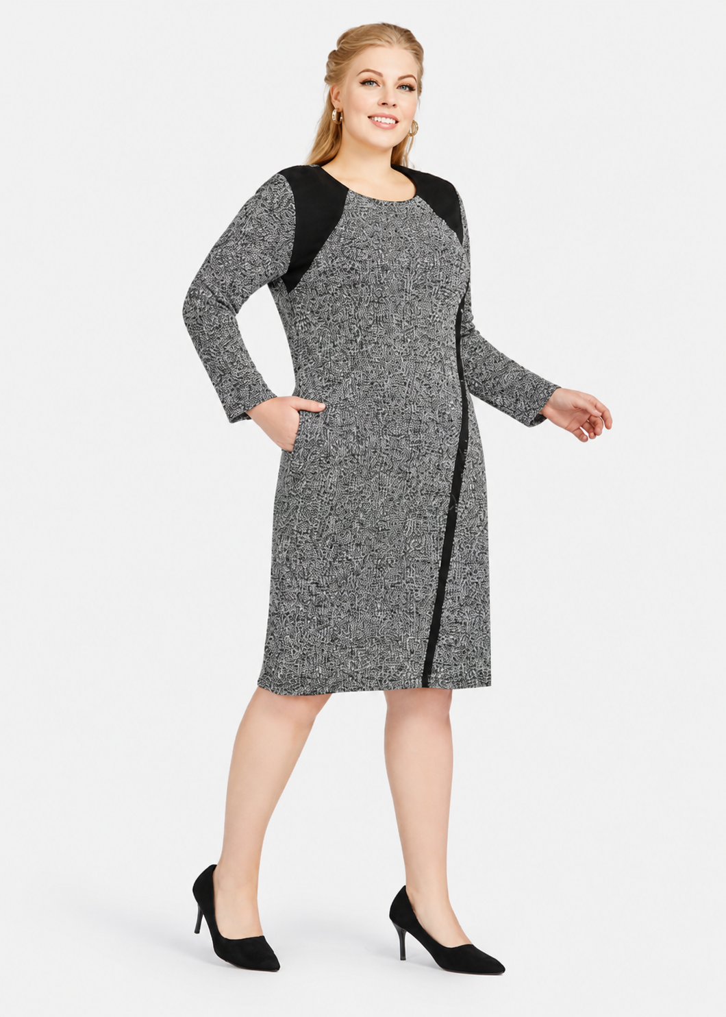 Women's Casual Colorblock Crew Neck Long Sleeve Knee Length Sweater Dress