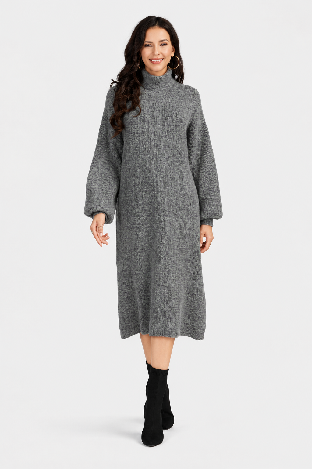Women's Casual High Neck Long Sleeve Midi Sheep Cashmere Sweater Dress