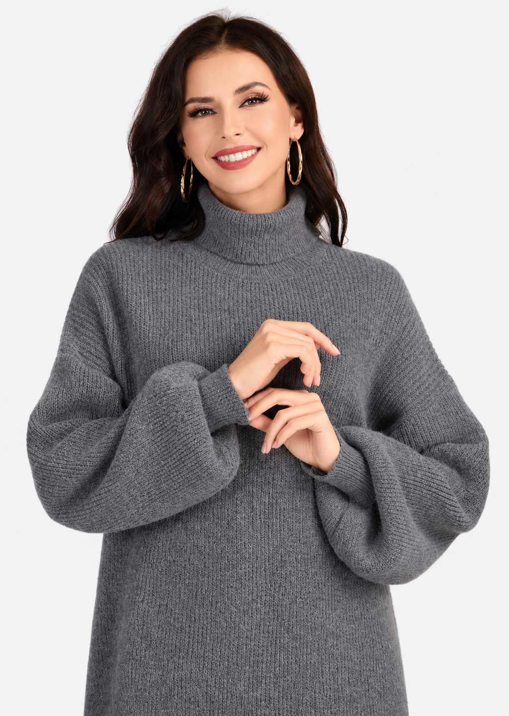 Women's Casual High Neck Long Sleeve Midi Sheep Cashmere Sweater Dress