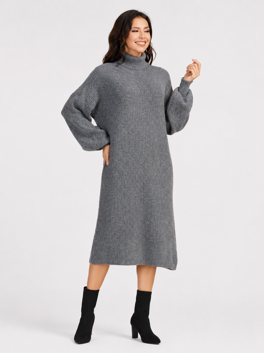 Women's Casual High Neck Long Sleeve Midi Sheep Cashmere Sweater Dress