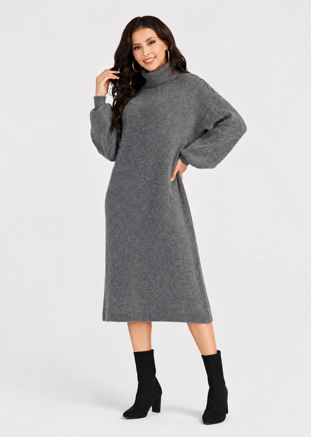 Women's Casual High Neck Long Sleeve Midi Sheep Cashmere Sweater Dress