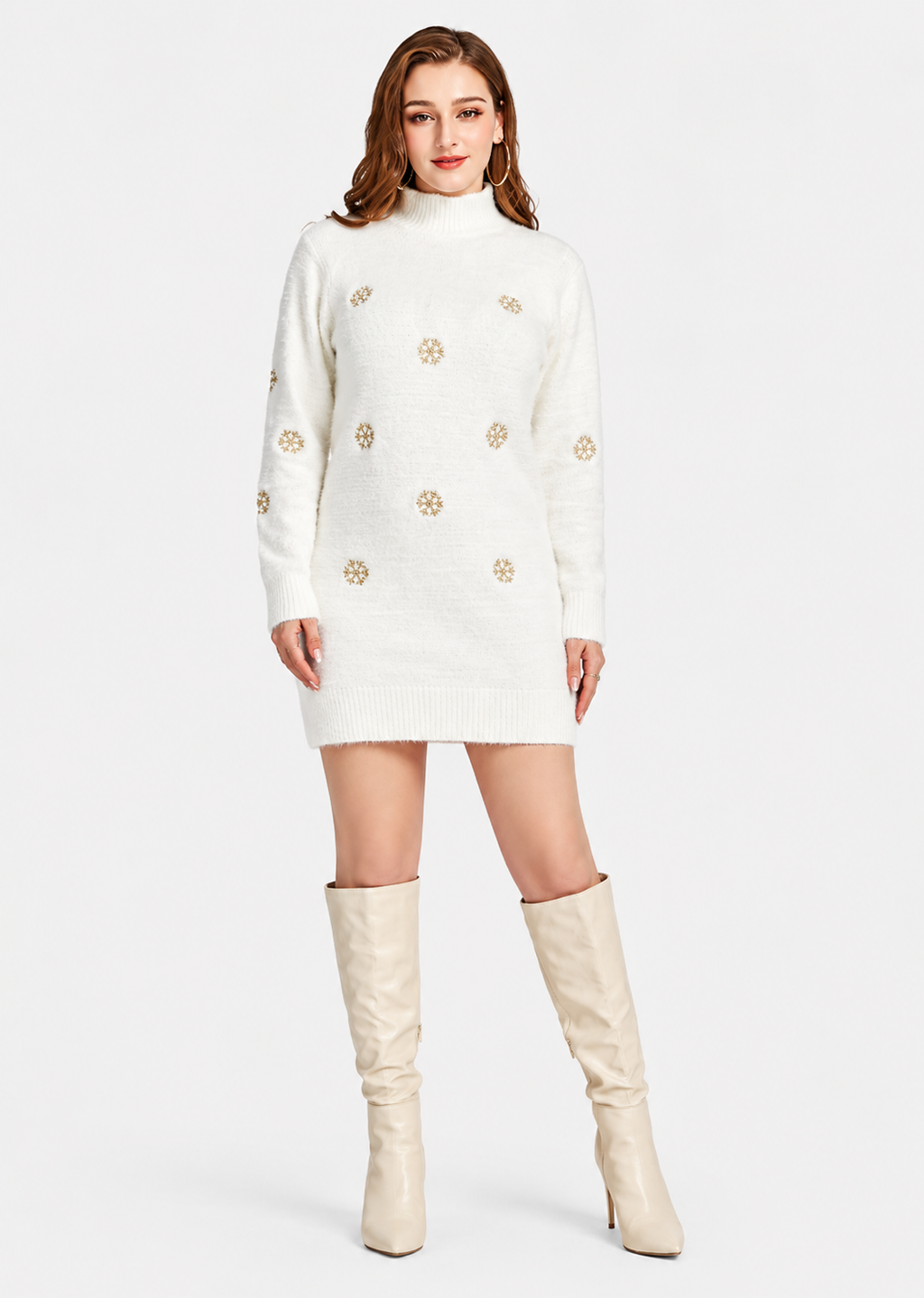 Women's Casual High Neck Snowflake Embroidered Fleece Knit Sweater Dress
