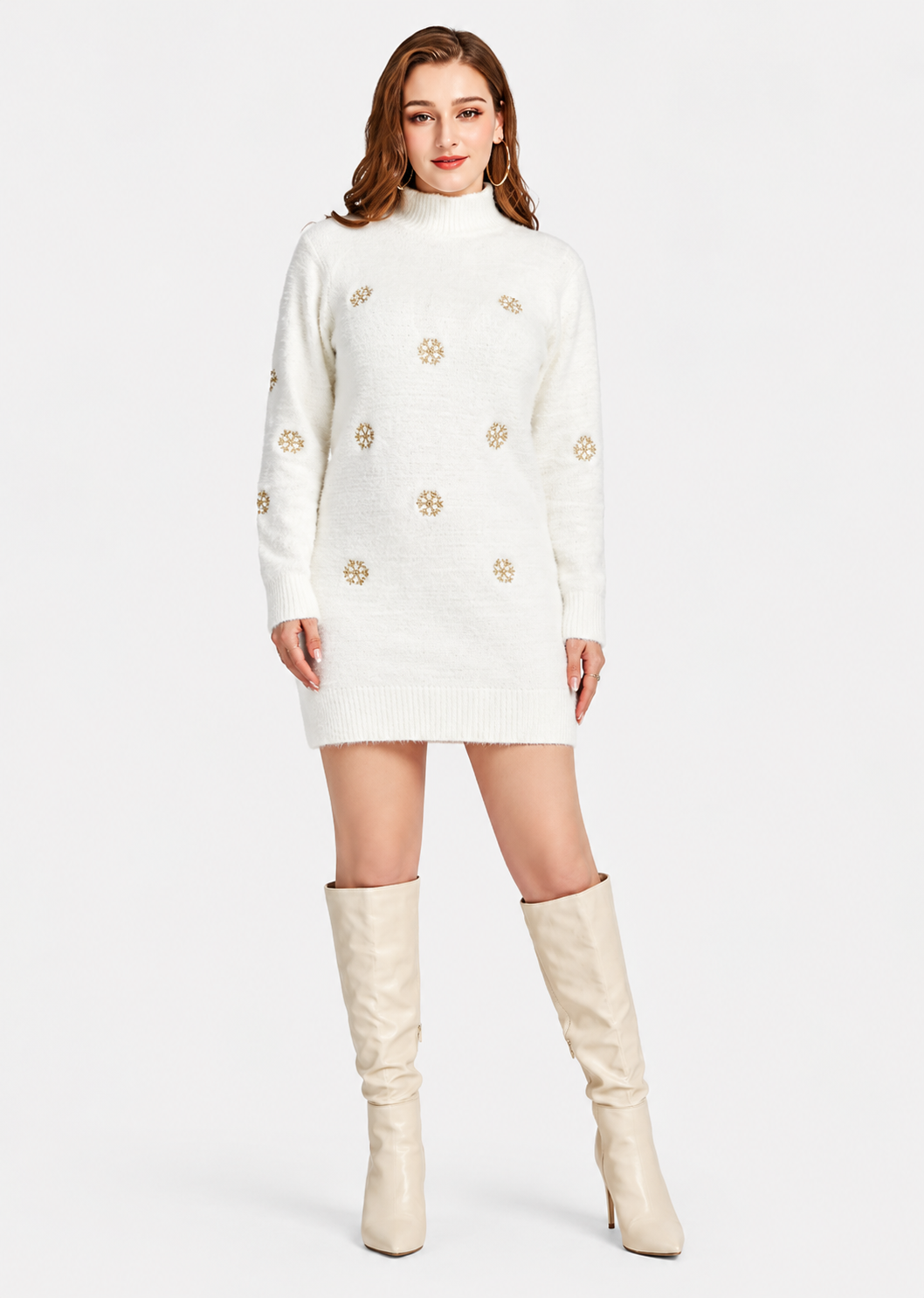 Women's Casual High Neck Snowflake Embroidered Fleece Knit Sweater Dress