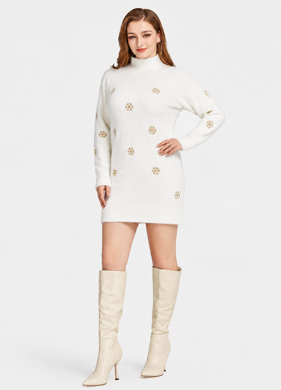 Women's Casual High Neck Snowflake Embroidered Fleece Knit Sweater Dress