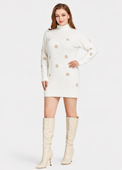 Women's Casual High Neck Snowflake Embroidered Fleece Knit Sweater Dress