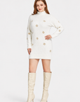 Women's Casual High Neck Snowflake Embroidered Fleece Knit Sweater Dress
