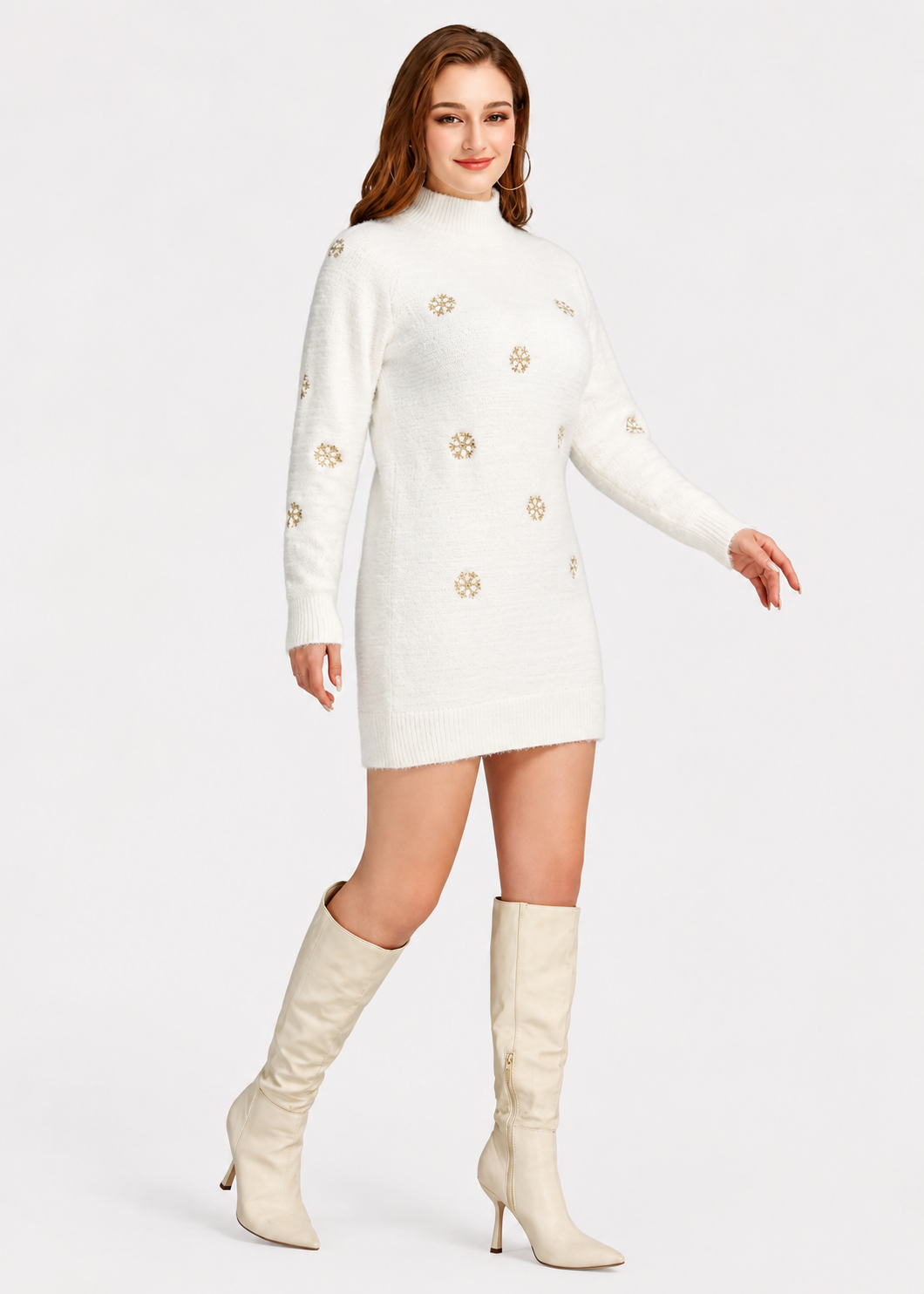 Women's Casual High Neck Snowflake Embroidered Fleece Knit Sweater Dress