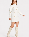 Women's Casual High Neck Snowflake Embroidered Fleece Knit Sweater Dress