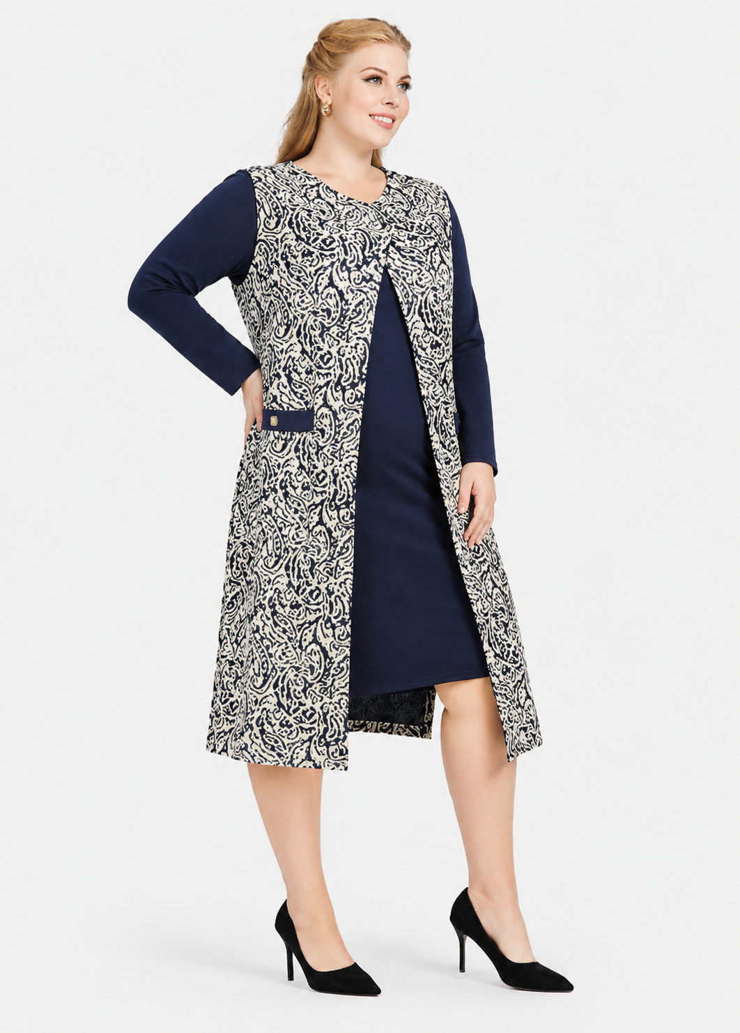 Women's Casual Plain Long Sleeve Short Sweater Dress with Pockets & Split Hem