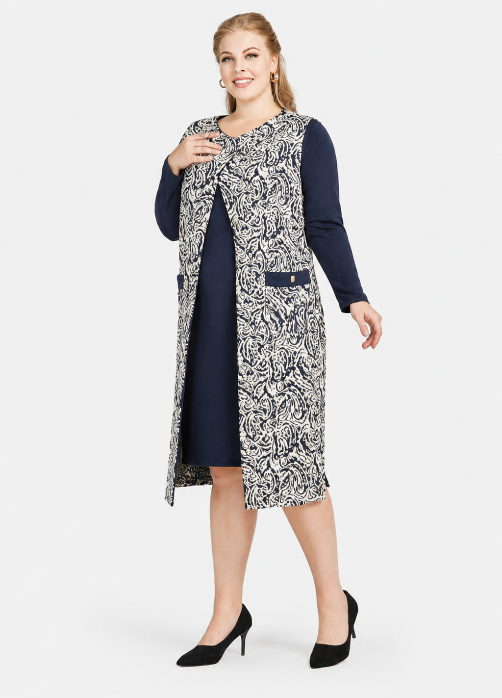 Women's Casual Plain Long Sleeve Short Sweater Dress with Pockets & Split Hem