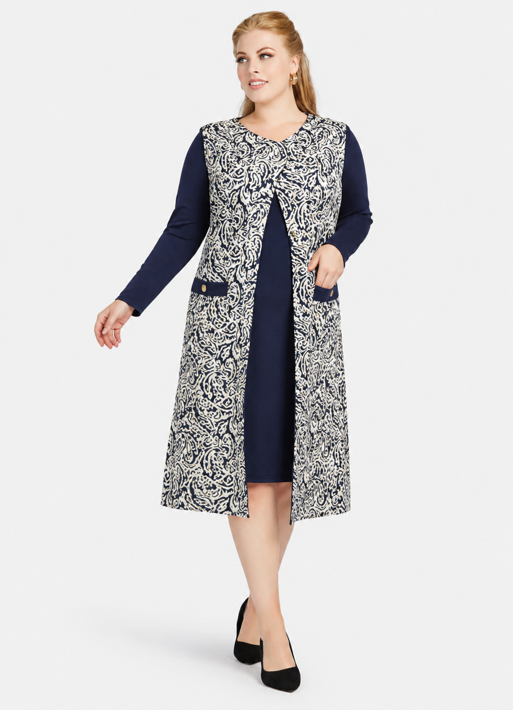 Women's Casual Plain Long Sleeve Short Sweater Dress with Pockets & Split Hem