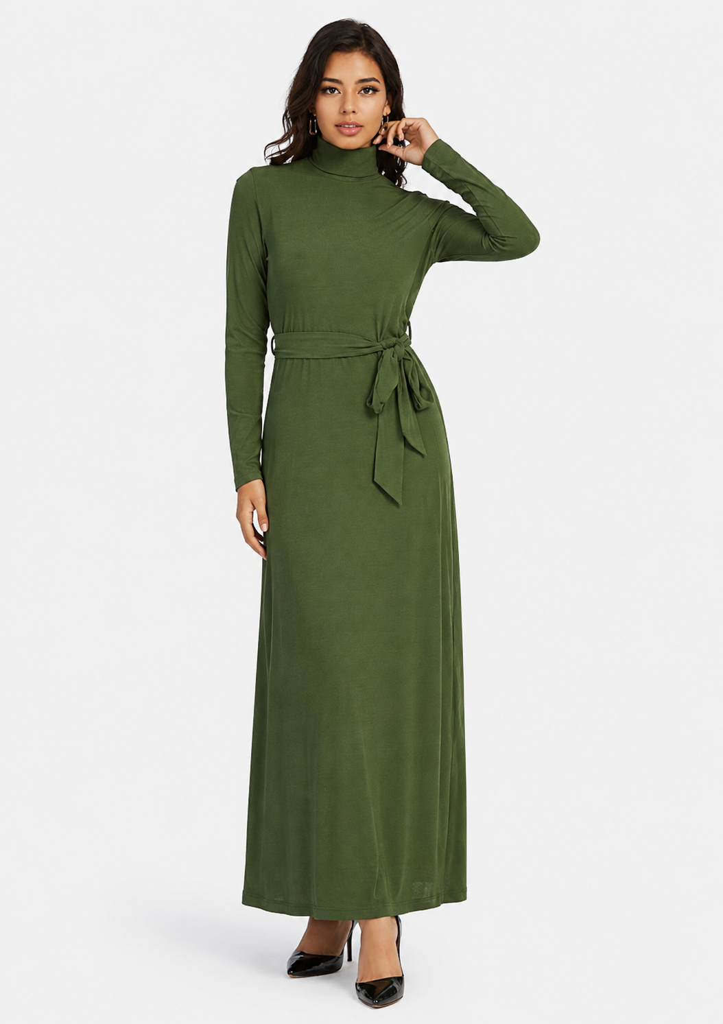 Women's Casual Plain Turtleneck Rib Knit Lace Up Long Sleeve Maxi Sweater Dress