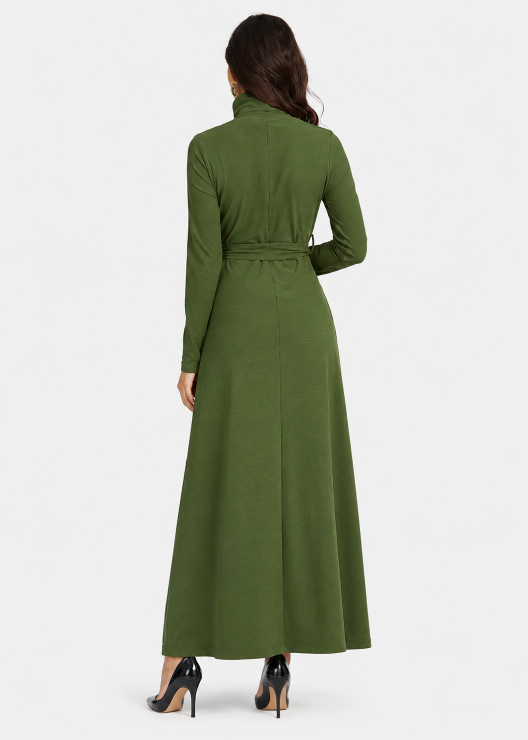 Women's Casual Plain Turtleneck Rib Knit Lace Up Long Sleeve Maxi Sweater Dress