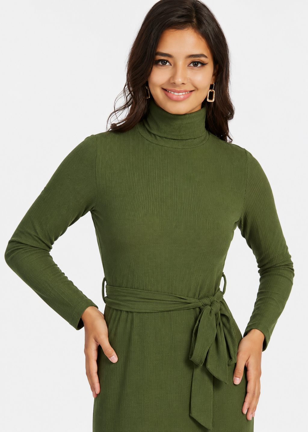 Women's Casual Plain Turtleneck Rib Knit Lace Up Long Sleeve Maxi Sweater Dress