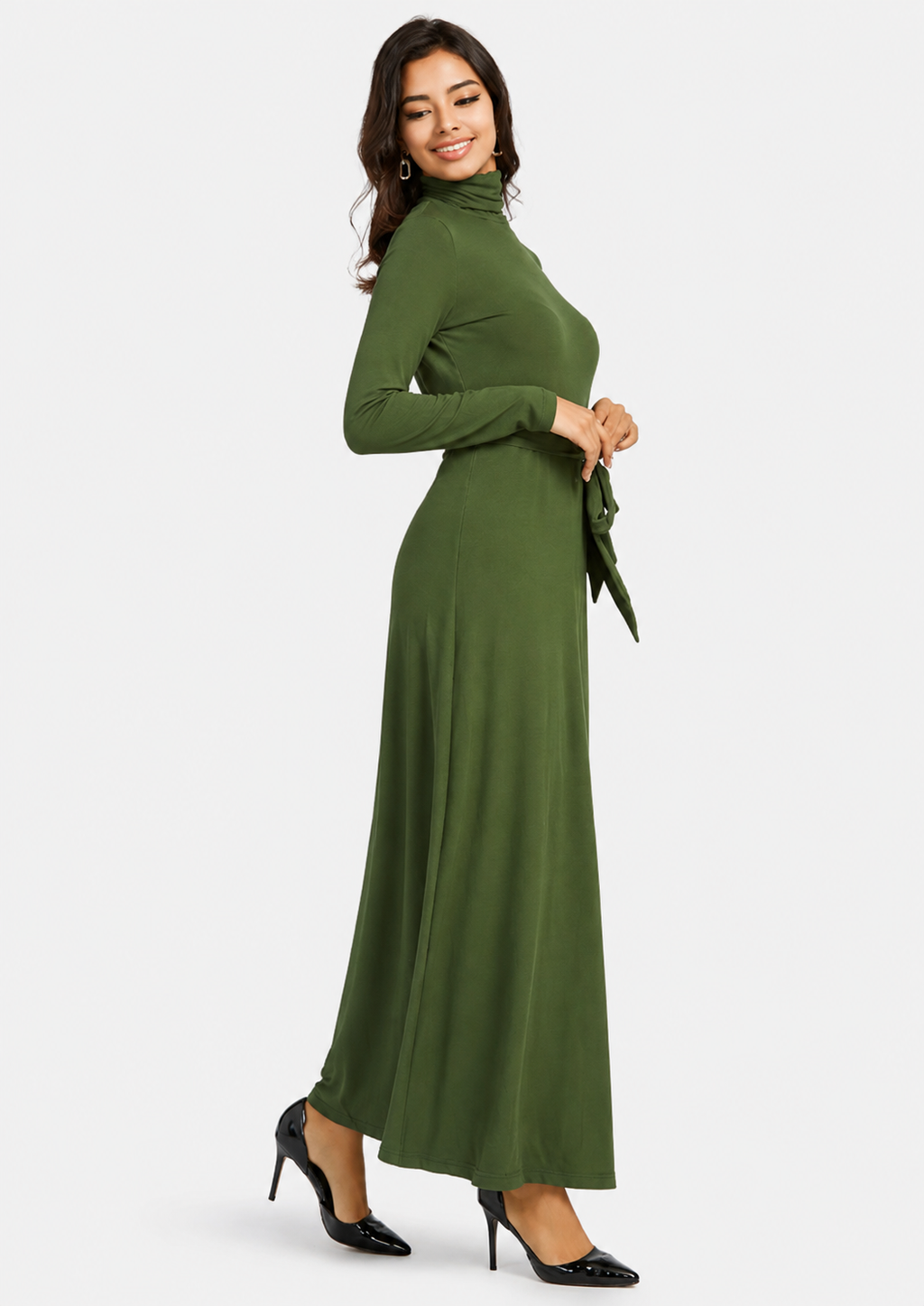 Women's Casual Plain Turtleneck Rib Knit Lace Up Long Sleeve Maxi Sweater Dress