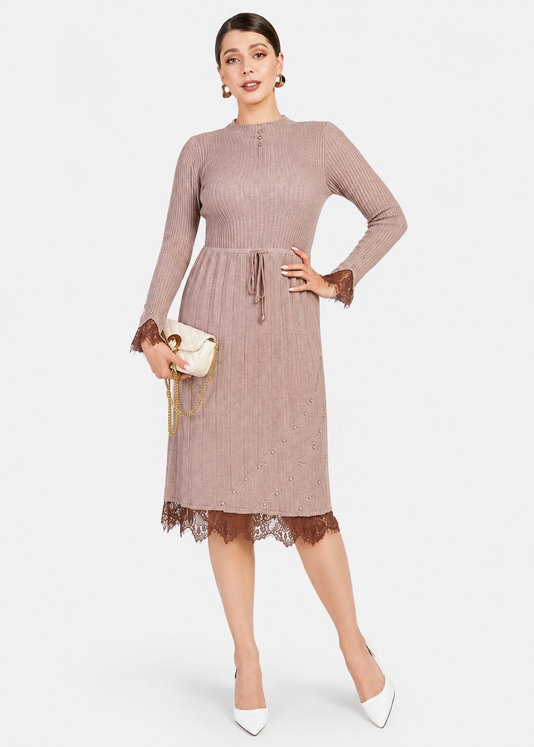 Women's Rib Knit Mock Neck Long Sleeve Lace Pearl Decor Knee Length Sweater Dress