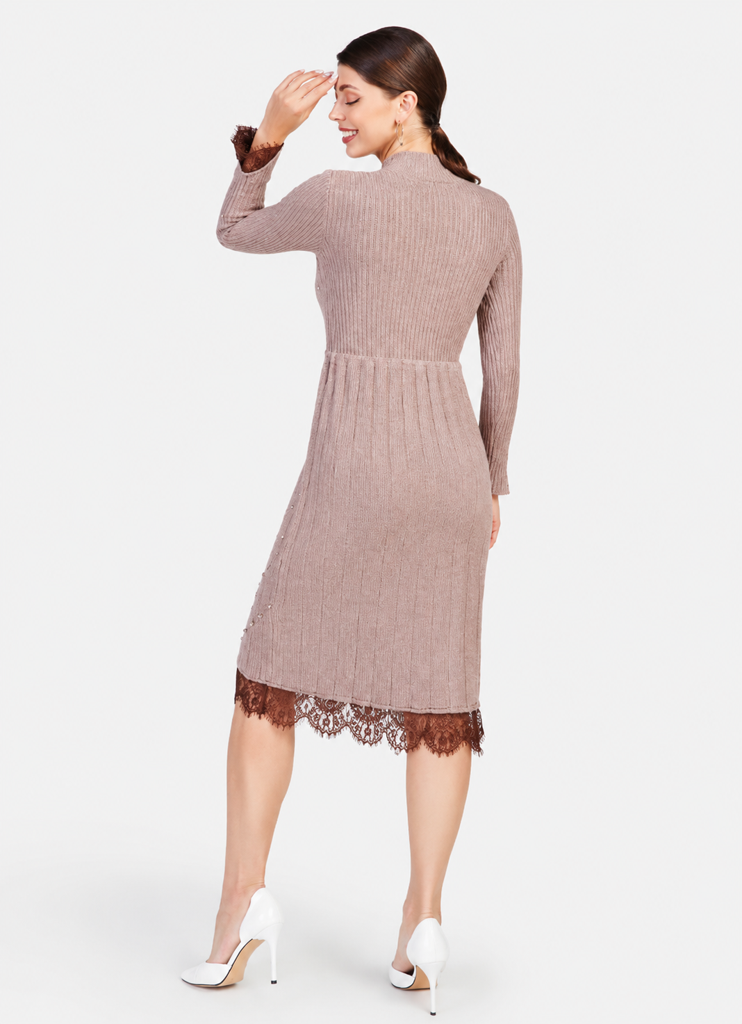 Women's Rib Knit Mock Neck Long Sleeve Lace Pearl Decor Knee Length Sweater Dress